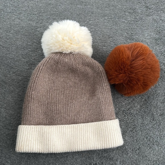 Brown and Cream Pom-Pom Knit Hat - Picture 2 of 3
